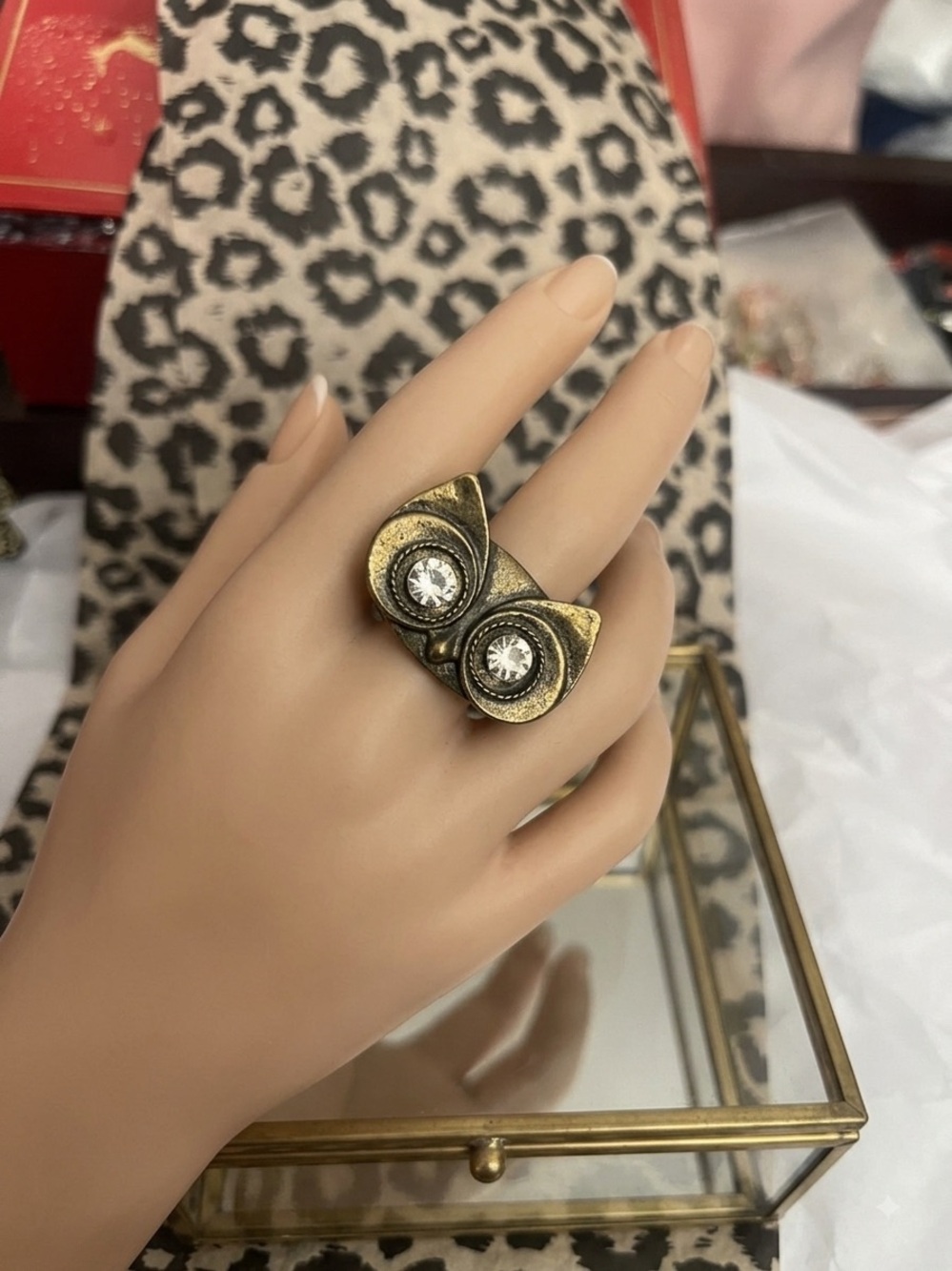 Accessorize Antique Gold Owl Ring with Clear Crystals